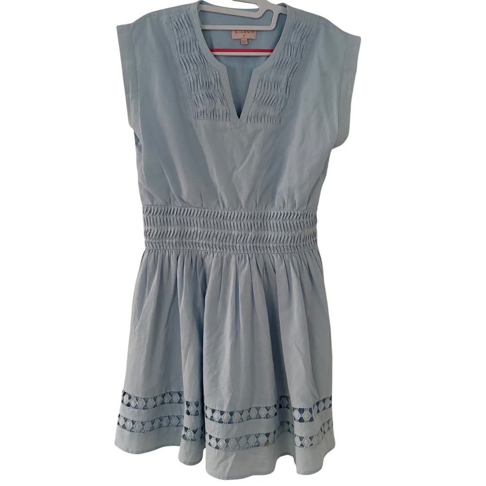 Ciebon Light Blue Smocked Eyelet Lace Mini Dress Sleeveless Split V-Neck Size M